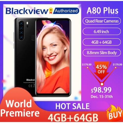 Blackview A80 Plus Smartphone 6.49'' Screen Android 10 MT6762V/WD Octa Core 4GB RAM 64GB ROM Mobile Phone NFC 4680mAh Cellphone