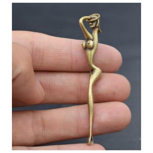 Collectable Chinese Brass Carved Beautiful Woman Ear Scoop Exquisite Small Pendant Statues