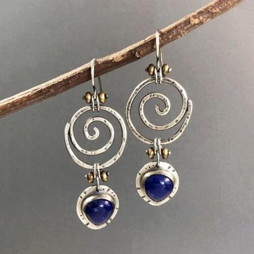 Vintage Hollow Spiral Blue Stone Earrings Silver Color Metal Ethnic Custom Drop Earrings For Women Handmade creativity Earrings
