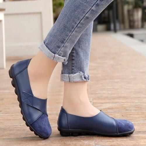 Womans Flats Shoes Soft Genuine Leather Large Size 41-44 Patchwork Suede Boat Shoes for women Hook Loop Massage 698