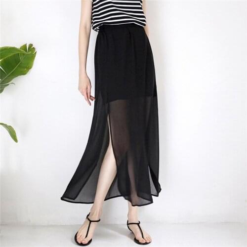 2020 Women Summer Beach Chiffon Skirt Hight Waist Split Long Maxi Skirts Solid Elegant Casual Loose Skirts Plus M-7XL 8XL