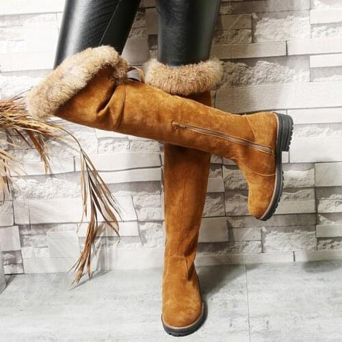 Ochanmeb Real Rabbit Fur Thigh Boots for Women Warm Fur Fleece Plush Snow Boots Winter Shoes Woman Stretch Faux Suede Knee Boots
