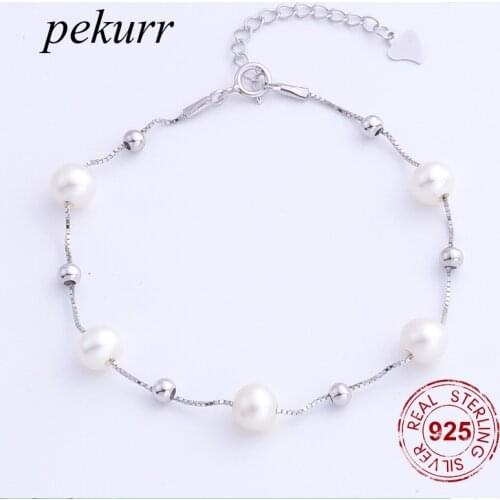 Pekurr 100% 925 Sterling Silver 6.3mm Round Natural Freshwater Pearl Bracelet For Women Bangle 11 Beads Fashion Jewelry Bangle