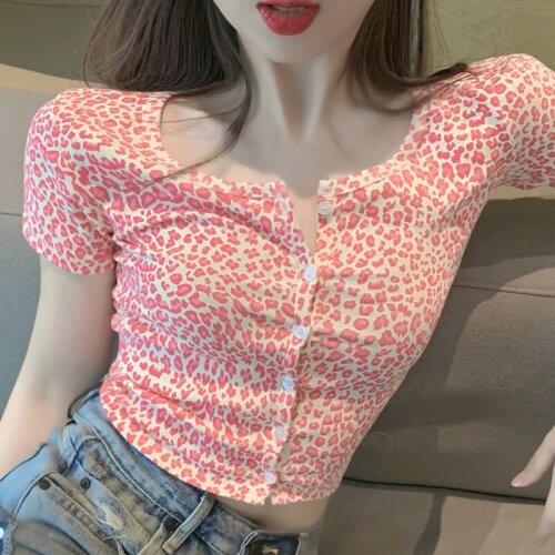 The 2021 Summer New Korean High Waist Short Paragraph Cardigan Summer Short-Sleeved T-Shirt Female Leopard Cute Sweet T-Shirt