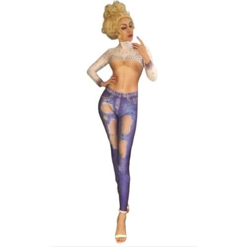 Womens NEW Sexy Blue Denim Nude Jumpsuit One Piece Sexy Costume Bodysuit Stage Show Dance Wear Singer Pole Dance Outift