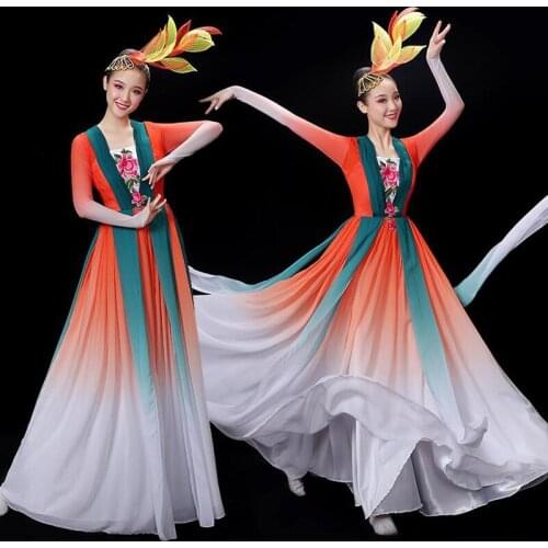 Women Gradient Classical Traditional Chinese Dancing dress For Girls Ballroom National Fan Folk Dance Concert Outfits For Adult