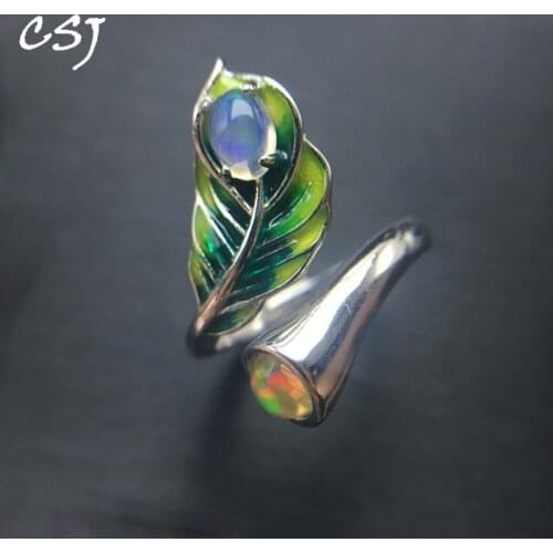 CSJ Natural Opal Rings Change Fire Color in 925 Silver Adjustable Enamel Rainbow Ring Fine Jewelry For Women Lady Party Gift box