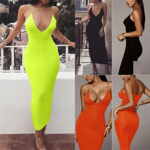 VS&LLWQ 2020 Women Sexy Bodycon Sleeveless Strap Deep V-neck Dress Hollow Out Solid Clubwear Party Long Maxi Dress Sundress