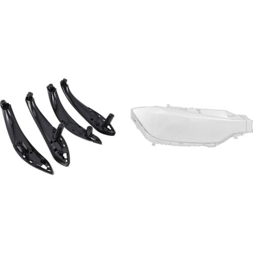 1Pcs Car Glass Head Light Lamp Lens Shell Cover Left & 4Pcs Interior Door Carbon Fiber Color Pull Handle Inside Trim