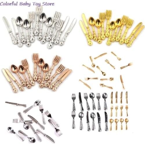 12Pcs 1:12 Mini Vintage Dollhouse Miniatures Tableware Cutlery Metal Gold Silver Knife Fork Spoon Kitchen Food Furniture Toys