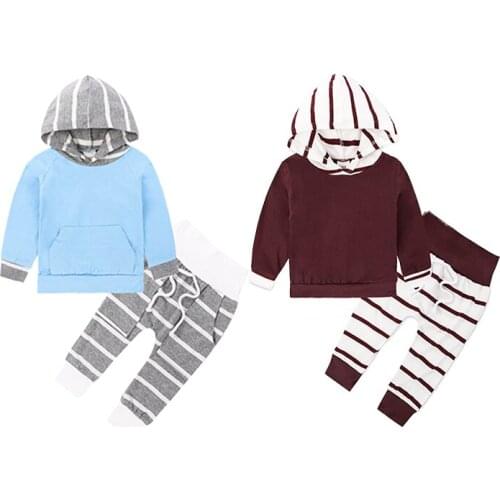 Toddler Infant Boys Girls Unisex Outfits Newborn Baby Spring Autumn Hoodies Sweatwear Clothes Cotton Striped Patchwork Sets 2Pcs