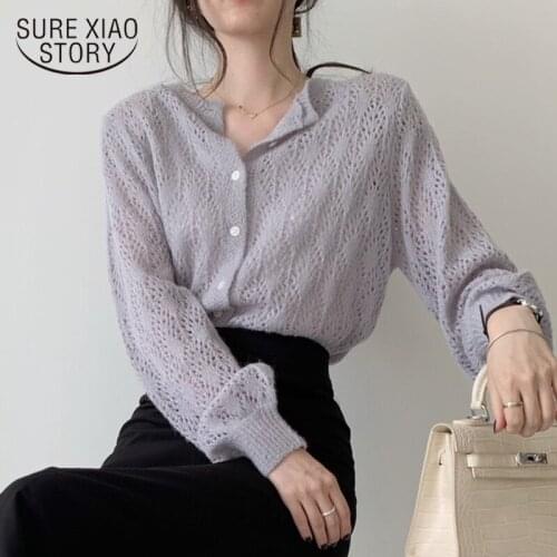2020 Solid Elegant Tops Knitted Cardigan Hollow Out Blouses Women Casual Lantern Long Sleeve Shirts Women Blusa Feminina 9824