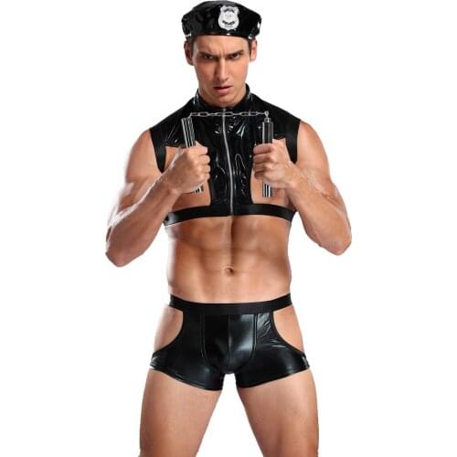 2020 Police Men Faux Leather Lingerie Sexy Police Costume Halloween Adult America Policemen Cosplay Fancy Cops Dress