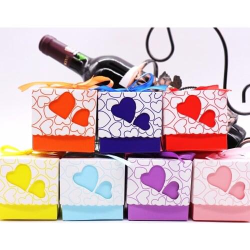 50pcs Double Hollow Love Heart Wedding Candy Boxes Design Laser Cut Wedding Party Favor Gifts Candy Bags With Ribbon Party Sup