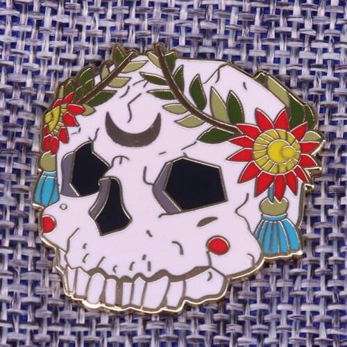 Mystic moon skull pin Black Magic Ornate skeleton Enamel Pin with Floral Wreath goth pin lapel pin