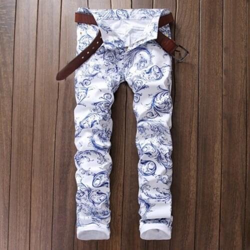 Mens Fashion White Printed Jeans Europe United States Slim Trousers Male Large Size Pants Streetswears Hip-Hop Denim Pants