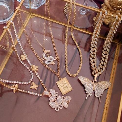 Flatfoosie Bling Iced Out Crystal Cuban Chain Necklace for Women Multilayer Rhinestone Butterfly Dragon Pendant Necklace Jewelry