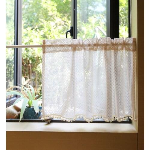 Rustic American Style Hollow Out Crochet Short Curtain Kitchen Curtain Decorative Cabinet Curtain Pompom Tassel Half Curtain