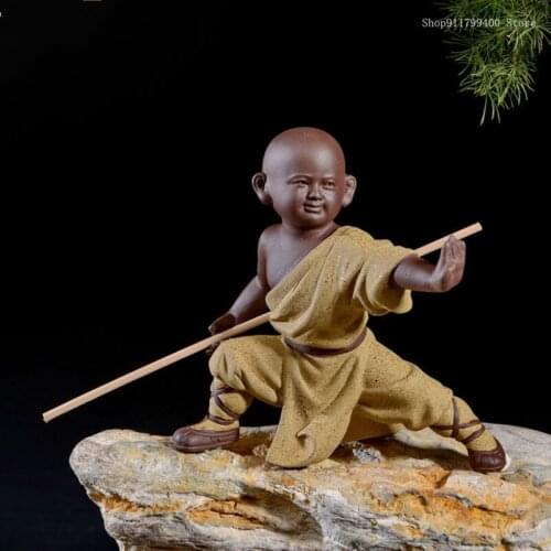 Kung Fu little monk handmade ceramic purple sand tea pet big figure Chinese style home porch wine cabinet handicraft ornaments
