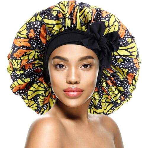 New Large Size Satin Bonnet African Pattern Elastic Band With Binding Method Hat Women Night Sleep Cap Soft Headcover