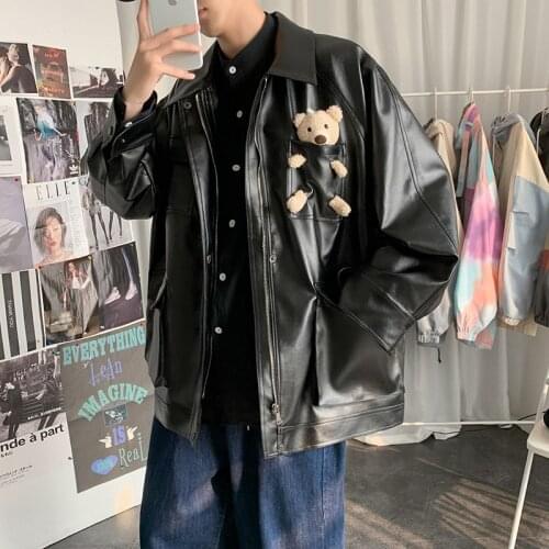 Autumn Bear Pu Leather Mens Motorcycle Clothing Leather Jacket Korean Style Trend Personality Lapel Jacket Mens Leather Blazer