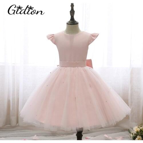 2-14Y Girls Kids Party Dresses Birthday Puffy Princess Dress Girls Piano Performance Dress Bow Petal Sleeve Flower Girl Dress