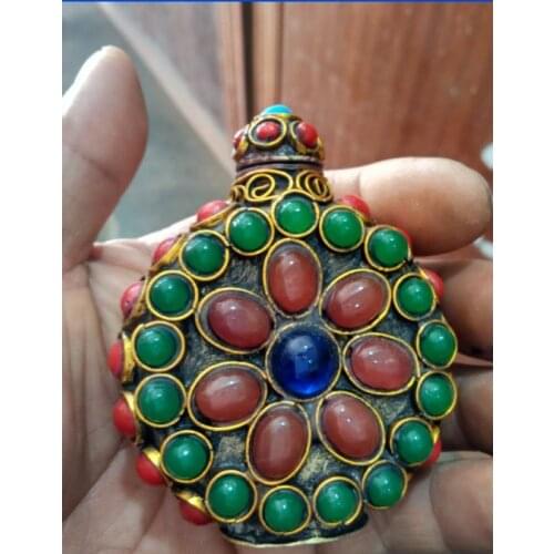 Elaborate ancient Chinese copper inlaid with artificial beads snuff bottle