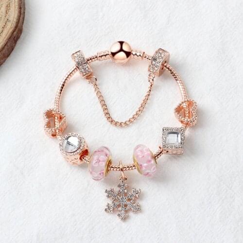 Luxury Rose Gold Snowflake Charm Bracelet for Women Hollow Love Bracelets & Bangles Christmas Gift