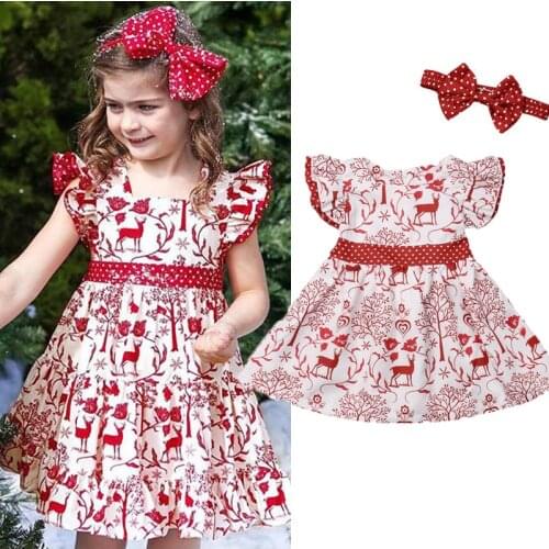 Christmas Toddler Kids Baby Girls Deer Print Dress Headband Petal Sleeve Bowknot Knee-Length A-Line Dress 0-3Y