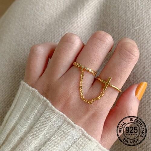 S925 Silver Geometric Double Chain Rings For Women One-piece Cross Opening Adjustable Fashion Trend Student Lady Jewelry INEFFA
