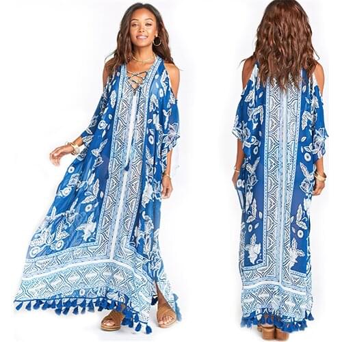 Blue Floral Chiffon Bikini Cover Up with Fringe Trim Plus Size Beach Dress 2021 Summer Women Swimsuit Boho Beachwear Sarong