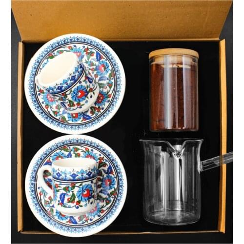 Special Pattern Double Turkish Coffee Cup Set & Glass Coffee Pot & Turkish Coffee with Jar
