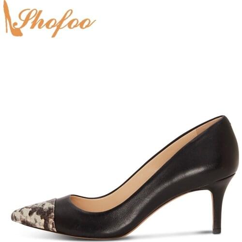 Black Pumps High Thin Heels Women Pull On Large Size 15 16 For Ladies Summer Fashion Snake Skin Pointed Toe Mature Shoes Shofoo