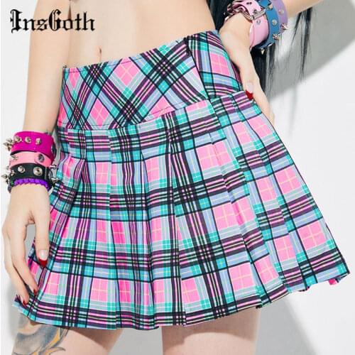 InsGoth Y2K Mall Gothic Pink Plaid Pleated Skirt Harajuku Punk Sexy High Waist Mini Skirts Grunge E Girl JK Skirts Streetwear