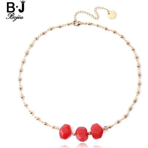 BOJIU Natural Stone Simple Short Chokers Necklaces For Women Adjustable Gold Chain Red Blue White Green Agates Necklace NKS213