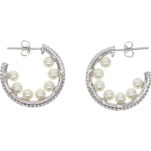 Fashion Jewelry Silver Color bling cz pearl Geometric Round With pearl Beads Stud Earrings Best Gift For Women Girl Wholesale