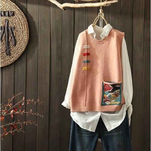 Chinese Style Clothing Women Sweater Vest Knitted Sleeveless Cheongsam Top Tang Suit Chinese New Year Ladies Chinese Tops FF2917