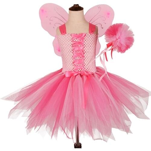 1 Set Magic Garden Fairy Tutu Dress Up Tulle Princess Girl Birthday Party Dress Pink Kids Halloween Cosplay Costume with Wings