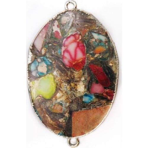 1Pcs 48x28x5mm Colorful Sea Sediment Jasper & Pyrite Oval Gilt Edge Bracelet Connector Bead DIY Jewelry Accessories S885