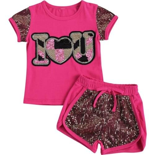 2021 Summer Toddler Kid Baby Girls 2Pcs Clothes Sets Short Sleeve Sequins Letter Print T Shirts Tops Shorts Outfits