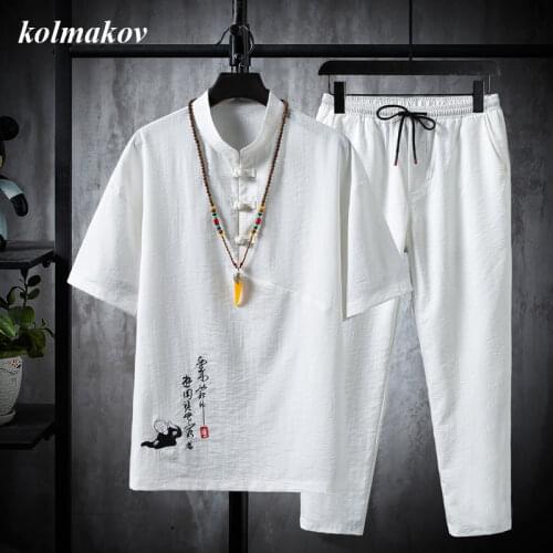 2021 New Arrival Summer Style Mens Cotton and Linen Shirt Fashion Casual Solid Men Two-piece Shirt and Pants Plus Size M-5XL