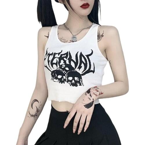 2021 Sexy Punk Goth Crop Tops Women’s Summer Skull Print Vest Top Black White Fashion Round Neck Sleeveless Slim Tank Top Mujer