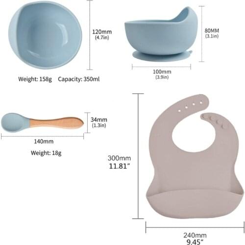 3pcs Baby Feeding Set Silicone Tableware Kids Waterproof Bib Bowl Spoon Dishes