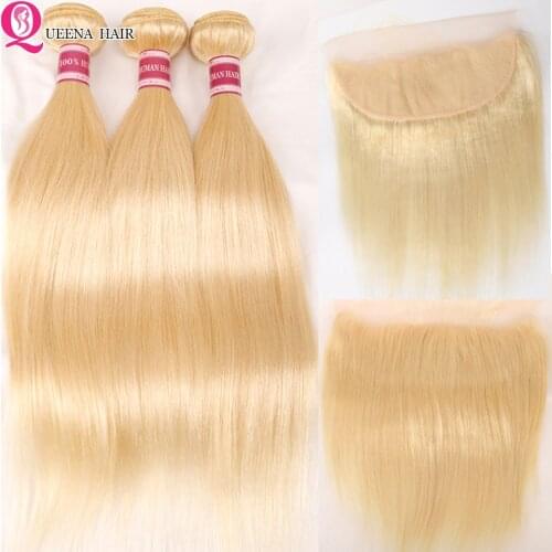 Queena 613 Bundles With Frontal Brazilian Straight Human Hair Blonde Bundles With Closure Black Lace Frontal With Bundles Remy