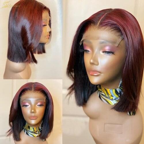 99j Red Buirgundy Highlight Colored Short Bob Straight Lace Front Wig HD Transparent Lace Frontal Wig Full Preplucked Ombre 13x6