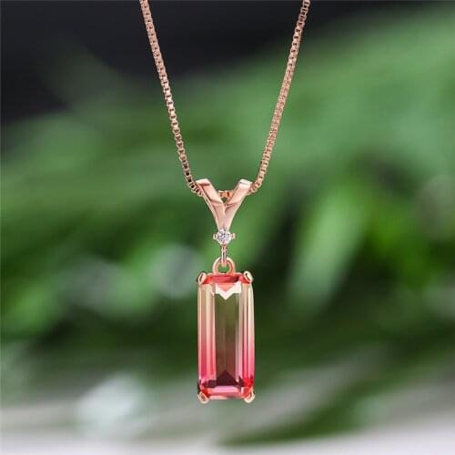 Elegant Pink Yellow Gradient Zircon Pendant Geometric Necklaces For Women Vintage Fashion Rose Gold Rainbow Stone Chain Necklace