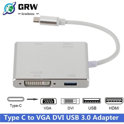 GRWIBEOU 4 in 1 USB 3.1 USB C Type C to VGA DVI USB 3.0 Adapter Cable for Laptop Apple USB C HUB Splitter