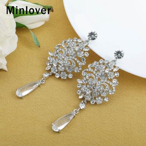 Minlover Sparkling CZ Pandent Earrings for Women long Flower Shape Rhinestone Wedding Long Drop Earings BrideJewelry MEH1766