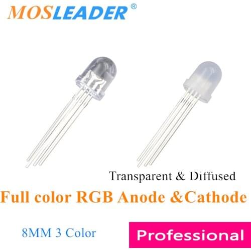 Mosleader 8MM 500PCS Full color RGB Transparent Diffused Long pins F8 Red Green Blue Leds Common Anode Cathode Tri-color 3 color