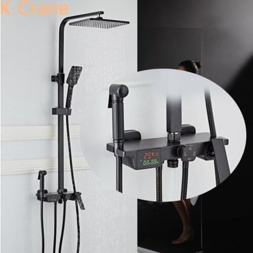 Hot Cold Shower Set Bathroom Smart Digital Shower System Wall Mount SPA Rainfall Bath Faucet Black Square Spray Bathtub Torneira